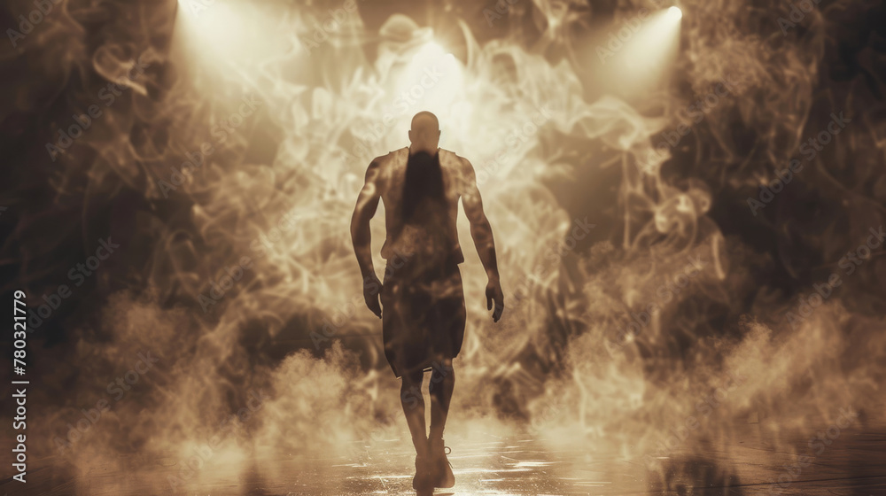 Fototapeta premium Silhouette of an athlete in shorts walking against the background of smoke and sports spotlights. Sports background for design.