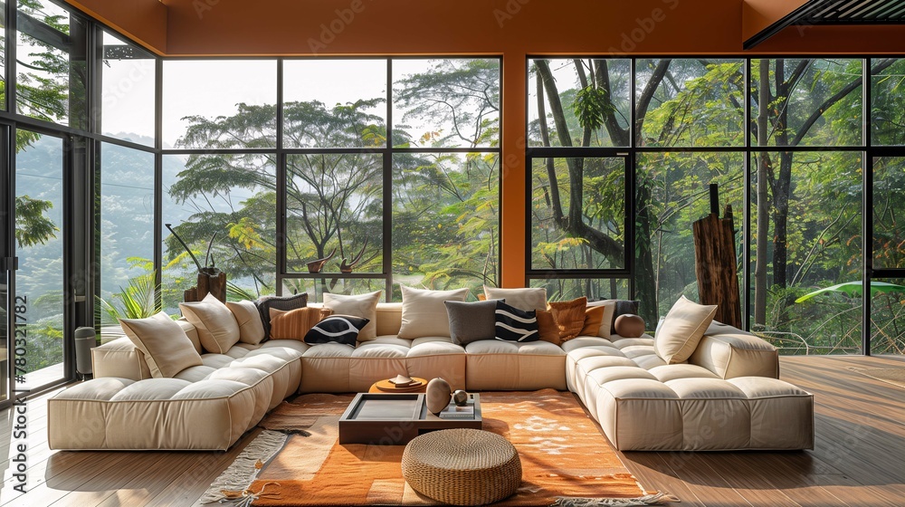 Modern Living Room with Large Windows Overlooking Forest
