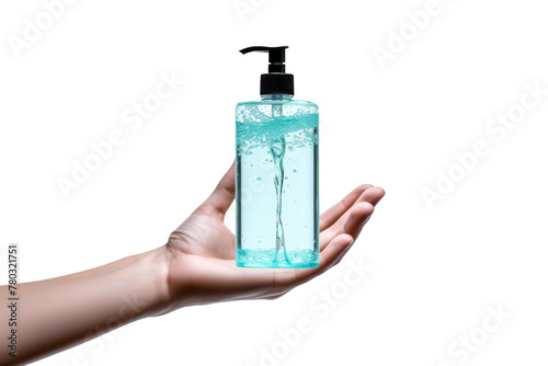 Hand Holding Soap Bottle. On a White or Clear Surface PNG Transparent Background.