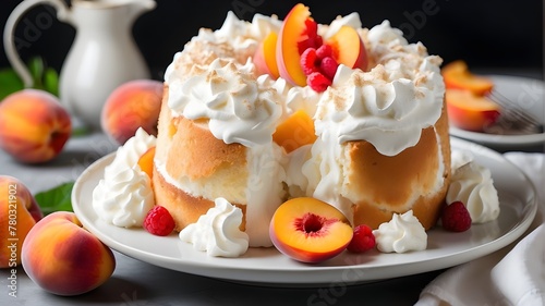 A heavenly angel food cake topped with fluffy whipped cream and sliced peaches in