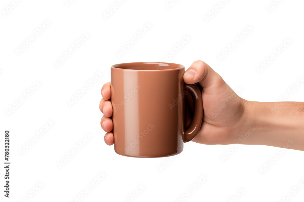 Obraz premium Person Holding Coffee Mug. On a White or Clear Surface PNG Transparent Background.