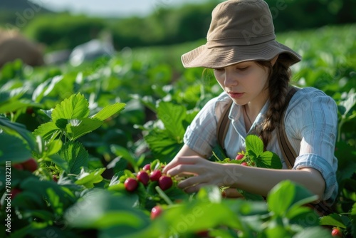 Young Asian woman farmer or gardener picking strawberries in the field