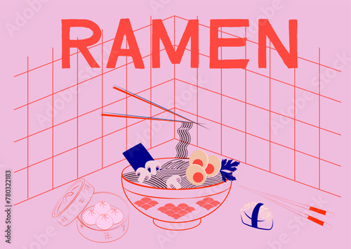 Aesthetic asian illustration street food, wok, ramen, sushi, dimsum. Interior wall art, poster. Editable vector illustration.
