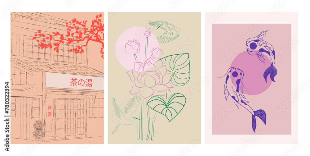 Obraz premium Aesthetic asian illustration with street house, Koi fish, stork flying at lily flower. Interior wall art, poster. Editable vector illustration.