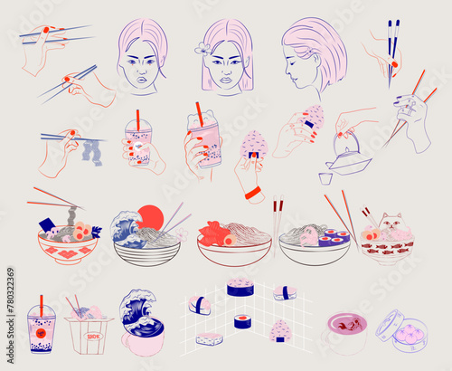 Asian food and drink collection, wok, ramen, noodle soup, sushi, onigiri, dimsum, bubble tea, matcha tea. Beautiful asian girls face. Oriental sketch. Editable vector illustration.