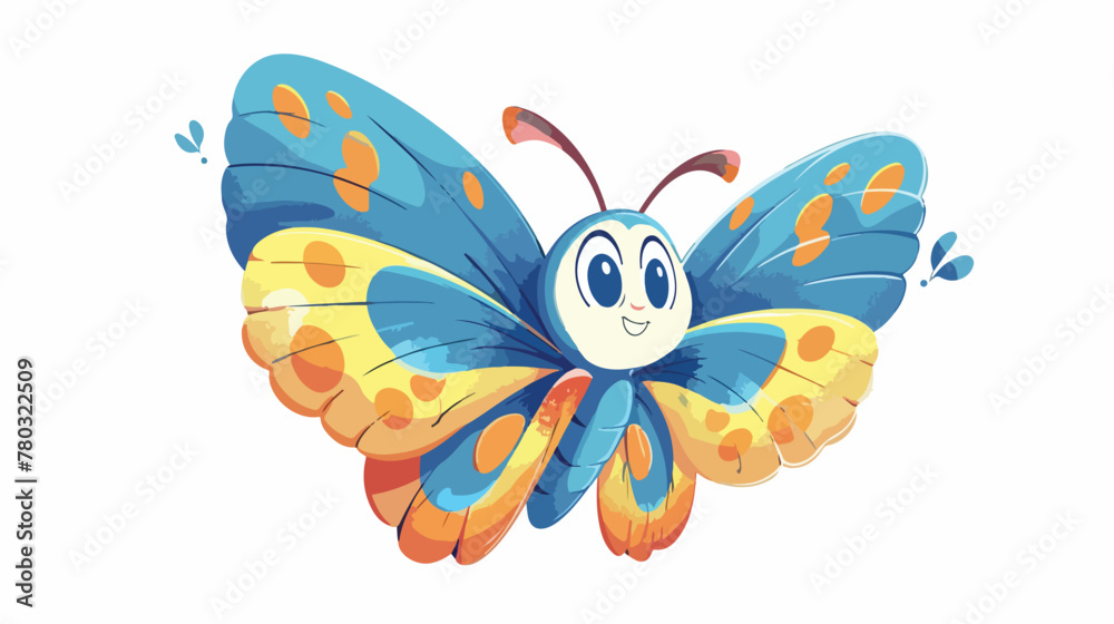 Cute happy cartoon butterfly with blue wings. 