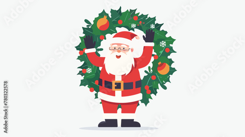 Cartoon santa claus waving hand with Christmas wreath © Roses