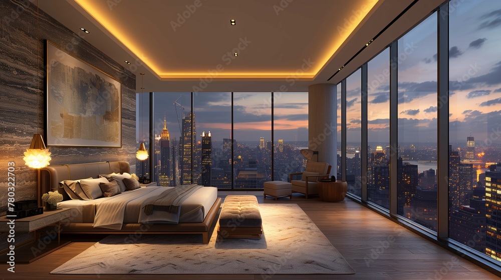 Luxury Bedroom Interior with Cityscape View at Twilight Luxury Bedroom Interior with Cityscape View at Twilight