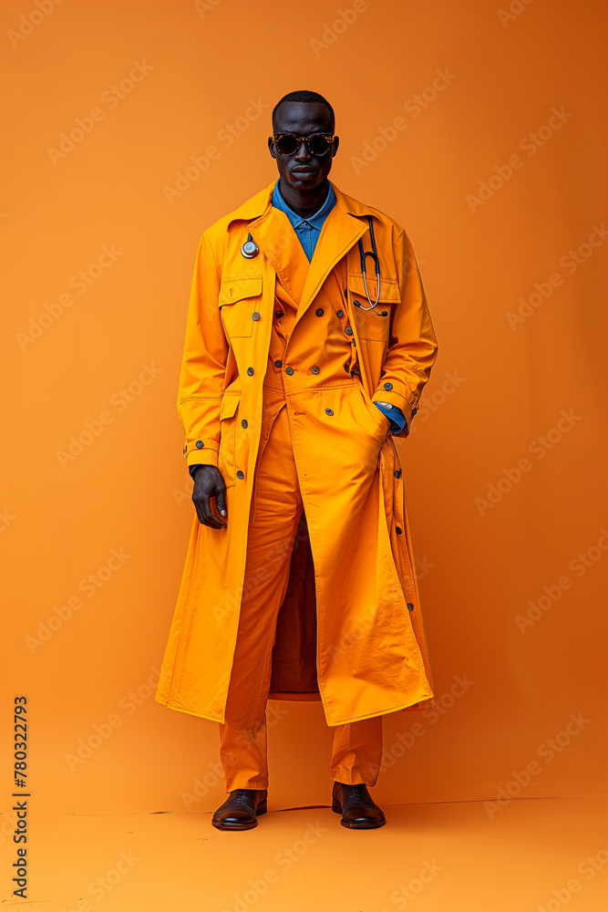 A striking image of a doctor in a yellow trench like superhero showcasing confidence and authority with a monochromatic colors. 