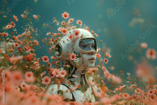 A surreal concept featuring a robot submerged among vibrant flowers, blending nature with artificial intelligence. © Zography