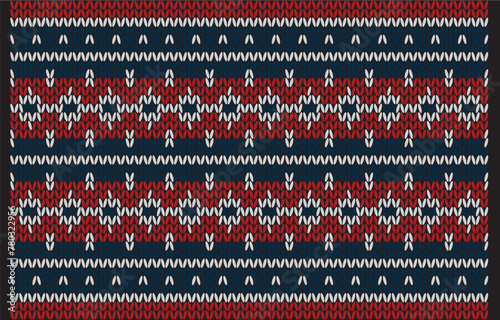 Cross stitch.Navy blue background.Zig-zag pattern.Line.Geometric shape.Seamless pattern.Endless.Modern.Red pattern.White line.White square pattern.Design for clothing.Scarf.Skirt.Printing.All knitting