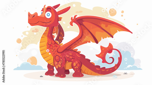 Cute magic cartoon red dragon. Fantastic flying animal