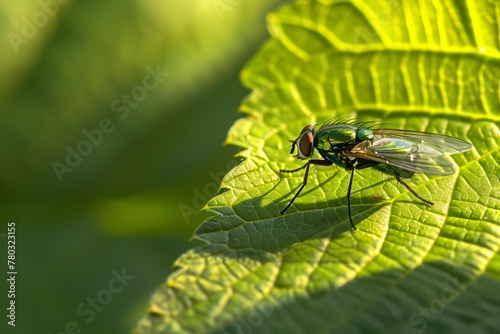 Green fly perched on a vibrant leaf in sharp, sunlit detail
 photo