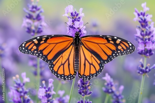 Monarch butterfly perched on lavender in full bloom, a picture of elegance 