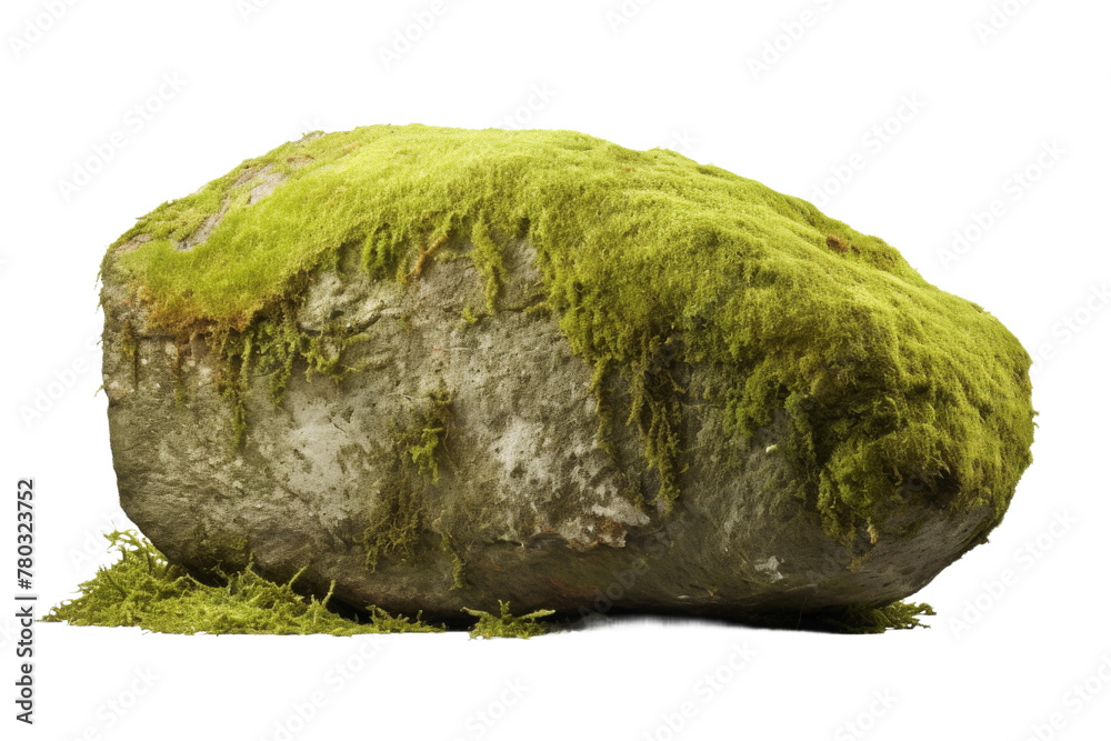 Green Moss-Covered Rock on White Background. On a White or Clear Surface PNG Transparent Background. Green Moss-Covered Rock on White Background. On a White or Clear Surface PNG Transparent Background.