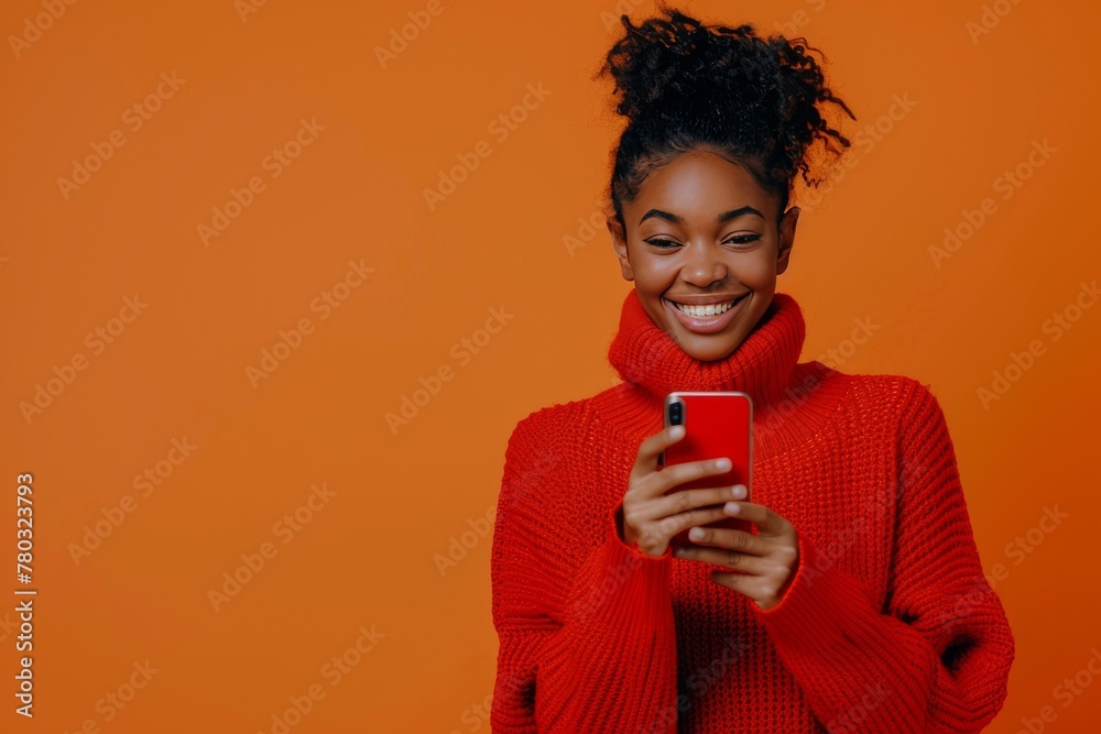 Portrait of smiling african american woman using smartphone isolated on orange background, wearing red sweater with copy space for your text message or promotion banner. Portrait of smiling african american woman using smartphone isolated on orange background, wearing red sweater with copy space for your text message or promotion banner.