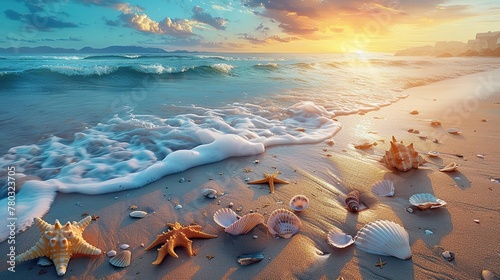 Landscape with shells on tropical beach. Waves approaching sea shells lying on sand during sunset.