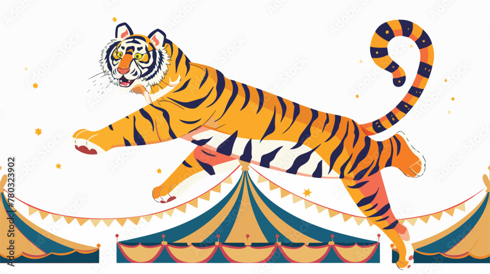 Cartoon tiger jumping through ring with circus tent background