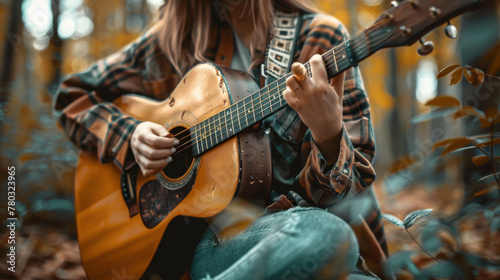 close-up woman playing guitar in the forest