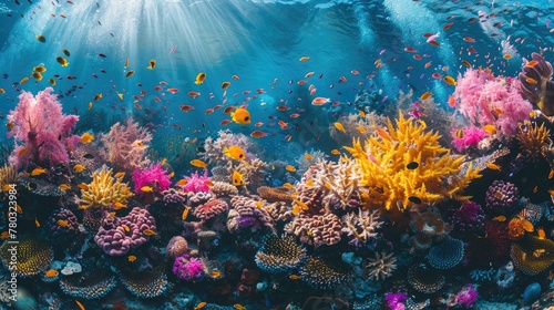 A close-up of a colorful coral reef with diverse marine life, showcasing the richness and fragility of marine ecosystems © aaron