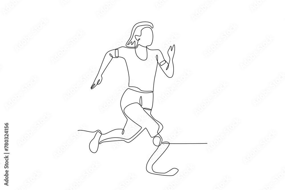 female track athlete who uses a prosthetic leg.Parasport one-line drawing female track athlete who uses a prosthetic leg.Parasport one-line drawing