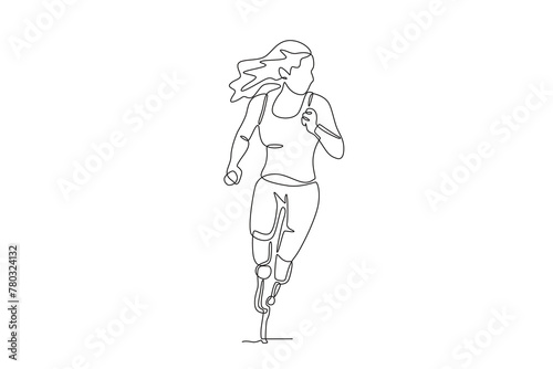 Disabled female running athlete using prosthetic leg.Parasport one-line drawing