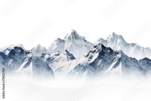Snowy Mountain Range Shrouded in Clouds. On a White or Clear Surface PNG Transparent Background.