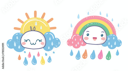 Cute sun and rainy clouds with rainbow kawaii character
