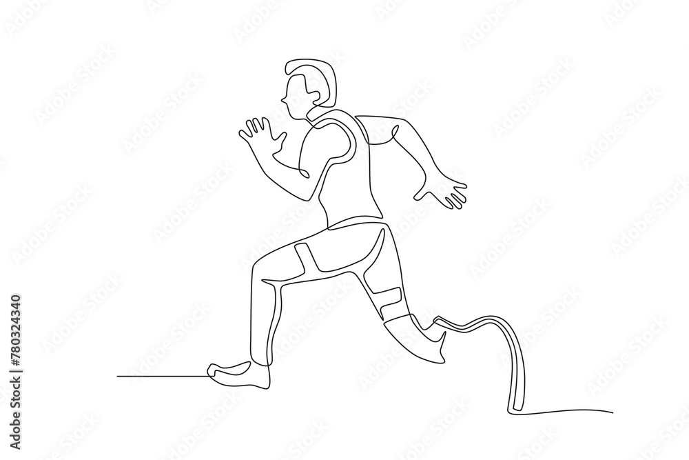 Male track athlete using a prosthetic leg.Parasport one-line drawing Male track athlete using a prosthetic leg.Parasport one-line drawing