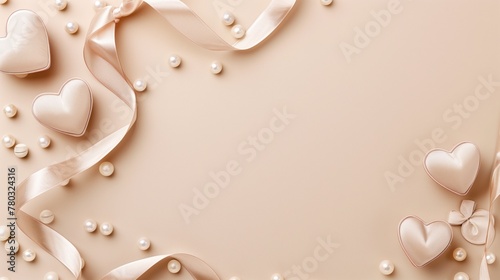 Elegant beige background with heart shapes, ribbons, and pearls