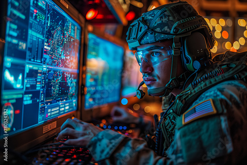 Soldier in Military Uniform Operating Computer photo
