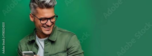 Photo of An elegant man in his 20s with short hair, smiling while using an smartphone mobile phone on a green background with copy space for text or product. Web banner with copyspace
