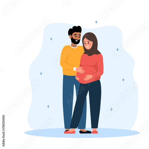 Family expecting for baby. Couple in love thinking about of their unborn child. Future father and mother. Happy husband hugs pregnant wife. Parenthood concept. Vector illustration in cartoon style.