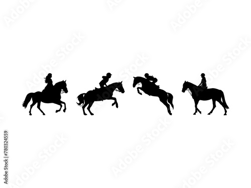 Set of Woman Horse Riding Silhouette in various poses isolated on white background