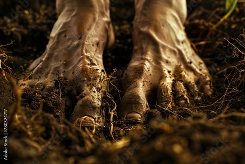 @Close-up on feet that turn into roots, digging into the soil, anchoring the person to the ground. Macro photography to capture detail, natural side lighting to reveal texture in the soil and skin. Ph