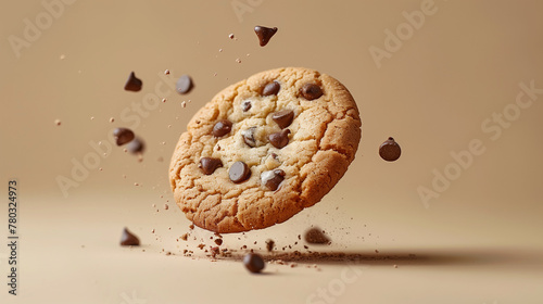 A delightful chocolate chip cookie, with chocolate chips scattered around it, hangs in mid-air against a warm brown backdrop
