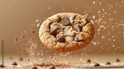 A delightful chocolate chip cookie, with a crispy crust and scattered crumbs, takes flight against a warm brown background