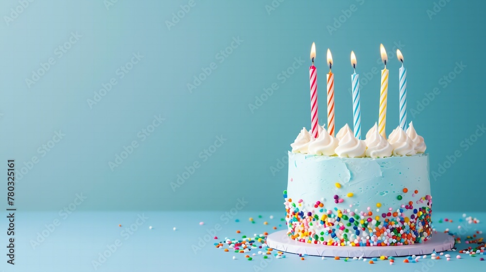 Birthday cake with 6 candles pastel blue birthday background with copy ...