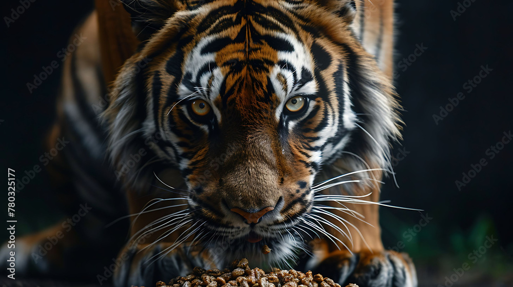 Close-up of a tiger eating food, beautiful animal photography like living creature