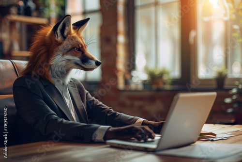 determined fox in a business suit typing away on a laptop in a sunlit office
