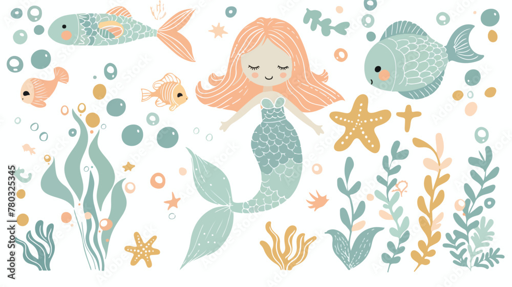Childish illustration with cute mermaid seaweed