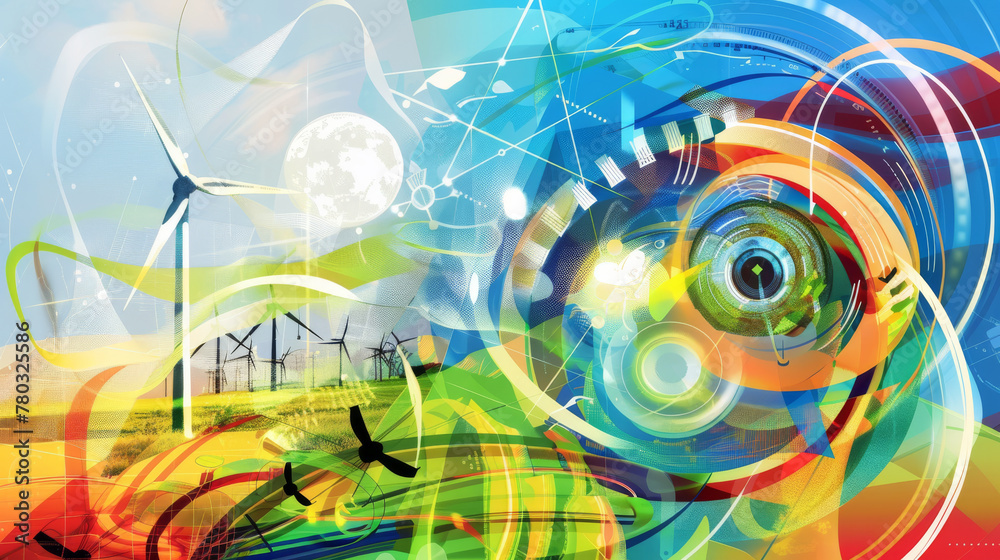 renewable energy sources, with swirling colors and shapes representing the flow of energy renewable energy sources, with swirling colors and shapes representing the flow of energy