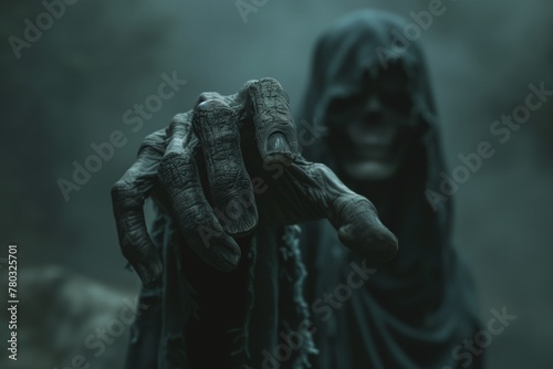 grasping hands of a shrouded figure in a misty, foreboding setting 