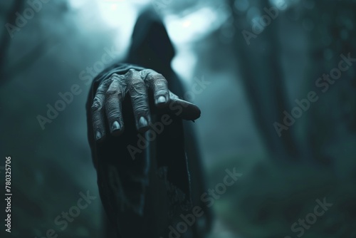 mysterious hooded figure in a mist shrouded forest
 photo