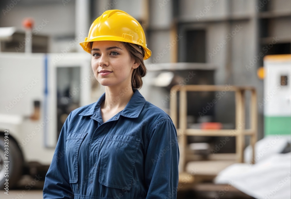Confident Female Worker in Hardhat Poses at Factory