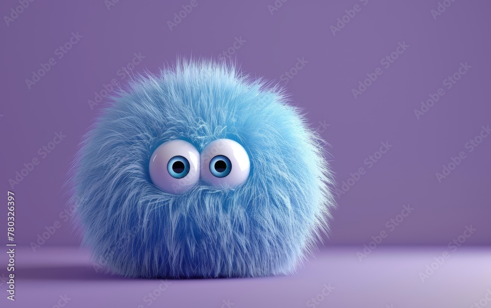 A cute fluffy ball with a pair of blue eyes isolated on a purple background in 3D cartoon style. A cute fluffy ball with a pair of blue eyes isolated on a purple background in 3D cartoon style.