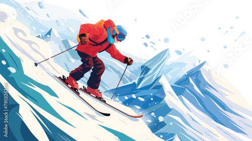 Cartoon alpine skier races extreme hill with iceberg f