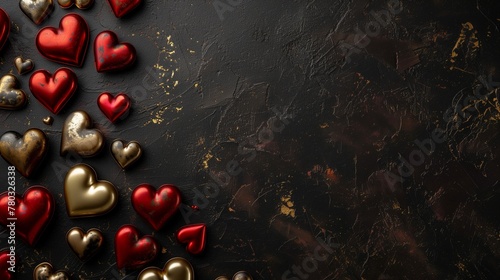Collection of glossy red and gold hearts on a textured dark background