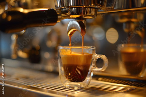 Closeup shot of an espresso machine. Coffee is being prepared. Background image. Created with Generative AI technology.