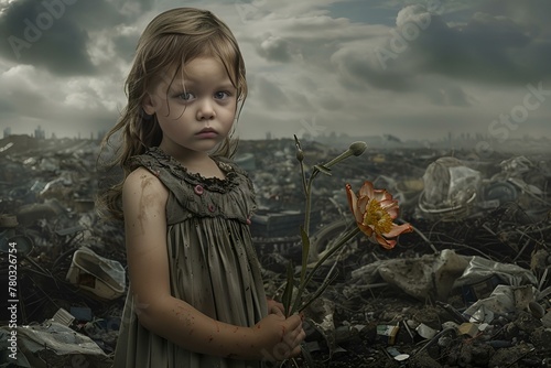 Mała dziewczynka z kwiatkiem na tle zanieczyszczonej ziemi